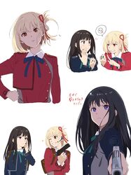  2girls aiming aiming_at_viewer aqua_ribbon black_hair blonde_hair blue_dress blue_ribbon blush clenched_teeth closed_mouth collared_shirt commentary cropped_torso dress earpiece eating food food_on_face grey_dress grin gun hair_ribbon handgun head_tilt highres holding holding_gun holding_weapon inoue_takina long_hair long_sleeves looking_at_another looking_at_viewer lycoris_recoil lycoris_uniform multiple_girls multiple_views neck_ribbon nishikigi_chisato one_eye_closed one_side_up onigiri parted_lips pointing pointing_at_another red_dress red_eyes red_ribbon ribbon shade shirt short_hair simple_background smile sweatdrop teeth translation_request two-tone_dress upper_body variant_set violet_eyes weapon weapon_request white_background white_shirt yomo_(moo_777_moo) yuri 