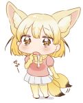  1girl animal_ear_fluff black_footwear blonde_hair blush bow brown_eyes chibi drooling elbow_gloves fennec_(kemono_friends) fox_girl fox_tail gloves highres kemono_friends pink_sweater pleated_skirt puffy_short_sleeves puffy_sleeves short_hair short_sleeves skirt solo suicchonsuisui sweater tail tail_wagging translation_request white_skirt yellow_bow yellow_gloves 