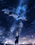  1boy absurdres black_shirt clouds evening highres male_focus night night_sky ocean original outstretched_arm partially_submerged scenery shion_08 shirt shooting_star short_hair sky solo star_(sky) starry_sky water 