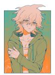  1boy ahoge blush collarbone danganronpa_(series) danganronpa_2:_goodbye_despair green_background green_jacket grey_hair grey_shirt hair_between_eyes highres hood hood_down jacket komaeda_nagito looking_at_viewer male_focus messy_hair orange_background orange_eyes outside_border shirt solo sweat teeth upper_body watermark white_background wi_ko_(s_ico_2) 