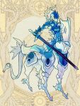  armor centaur dairoku_ryouhei full_body gauntlets helmet holding holding_sword holding_weapon hoshino_(haruku) shield standing sword taur weapon yellow_background 