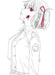  1girl belt belt_buckle blood blood_on_clothes blood_on_face bob_cut buckle collared_shirt commentary greyscale hair_between_eyes hair_ribbon lineart looking_at_viewer lycoris_recoil lycoris_uniform monochrome neck_ribbon nishikigi_chisato one_side_up parted_lips red_eyes red_ribbon ribbon shirt short_hair sidelocks simple_background solo spot_color upper_body white_background yomo_(moo_777_moo) 