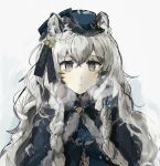  1girl animal_ear_fluff animal_ears arknights black_cloak blue_headwear braid breath cloak commentary_request fur-trimmed_cloak fur_trim grey_background grey_eyes grey_hair hair_over_shoulder highres intro83837 leopard_ears long_hair looking_at_viewer parted_lips pramanix_(arknights) simple_background sketch solo twin_braids upper_body very_long_hair 