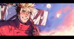  1boy black_gloves black_hair blonde_hair blue_background blue_eyes crying crying_with_eyes_open gloves grin highres jacket large_cross letterboxed male_focus maomango_doodle open_mouth red_jacket short_hair smile solo spiky_hair streaming_tears tears teeth trigun upper_body vash_the_stampede 
