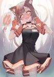  1girl :d animal_ear_fluff animal_ears apron bandaged_arm bandages black_apron black_collar blush breasts brown_hair collar collarbone collared_shirt commentary_request commission copyright_request gloves hands_up head_tilt highres holding holding_syringe intravenous_drip medium_breasts multicolored_hair nogami_(minamiituki) orange_eyes orange_gloves orange_hair orange_shirt orange_skirt pleated_skirt shirt short_sleeves skeb_commission skirt smile solo streaked_hair syringe tail thigh-highs white_thighhighs 