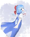  1girl absurdres blue_dress blue_eyes blue_vest cirno dress highres ice ice_wings looking_at_viewer medium_hair shinkopeishon shirt short_sleeves smile solo touhou vest white_shirt wings 