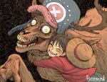  2boys animal_ears animal_nose antlers antlers_through_headwear artist_name black_hair blush closed_eyes feriowind hat hat_removed headwear_removed horns hug male_focus monkey_d._luffy multiple_boys one_piece open_mouth reindeer_antlers short_hair smile straw_hat teeth tony_tony_chopper yellow_eyes 