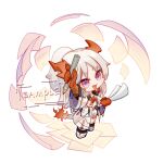  1girl :d absurdres arknights arm_up bandeau black_socks chibi dragon_girl dragon_horns dragon_tail fang flame-tipped_tail full_body highres holding holding_pen horns jacket long_hair nian_(arknights) open_clothes open_jacket pen ponytail sample_watermark shoes short_shorts shorts simple_background smile socks solo standing tail tuchuan very_long_hair violet_eyes white_background white_footwear white_hair white_jacket white_shorts 