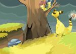  absurdres ampharos animal_focus bare_tree black_eyes branch bright_pupils dot_nose english_commentary fushigi_no_dungeon grass grey_sky highres in_tree minun no_humans no_mouth on_grass open_mouth outdoors plusle pokemon pokemon_(game) pokemon_mystery_dungeon rinnai-rai rock scenery sky tree white_pupils 