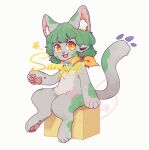  1other :d absurdres animal_ears artist_name cat_ears cat_tail cube fang full_body furry green_hair grey_fur hand_up highres hua_hua_de_meme neckerchief original sample_watermark sitting smile solo tail white_background yellow_eyes yellow_neckerchief 