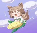  1girl :3 :d =_= animal_ear_fluff animal_ears barefoot blue_background blush_stickers brown_hair chibi closed_eyes clouds commentary_request corn_cob flying fox_ears fox_tail full_body gradient_background happy kudamaki_tsukasa open_mouth purple_background rokugou_daisuke simple_background smile solo tail touhou v_arms white_romper 