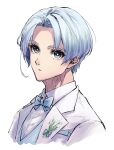  1boy blue_bow blue_bowtie blue_eyes blue_hair blue_lock bow bowtie bright_pupils character_request check_copyright closed_mouth collared_shirt copyright_request formal haru_(_266hr) highres lapels looking_at_viewer male_focus notched_lapels portrait shirt short_hair simple_background solo white_background white_pupils white_shirt 