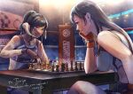  2girls au_ra black_hair board_game boxing_ring breasts brown_eyes chess crop_top crossover earrings english_commentary final_fantasy final_fantasy_vii final_fantasy_xiv fingerless_gloves gloves horns in-franchise_crossover jewelry large_breasts long_hair midriff multiple_girls ponytail tifa_lockhart toko_(tokkotoritori) warrior_of_light_(ff14) 