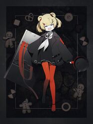  1girl arknights black_coat black_footwear blonde_hair blush closed_eyes coat frying_pan full_body gingerbread_man gummy_(arknights) hair_ornament hairclip highres holding holding_frying_pan kazune_rain neckerchief open_mouth pantyhose red_pantyhose short_hair smile solo twintails white_neckerchief zipper 