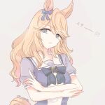  1girl animal_ears blonde_hair blue_eyes bow bowtie closed_mouth crossed_arms ear_bow frown gold_city_(umamusume) horse_ears horse_girl horse_tail inutose long_hair looking_at_viewer purple_shirt sailor_collar school_uniform shirt short_sleeves solo tail tracen_school_uniform twitter_username umamusume upper_body 