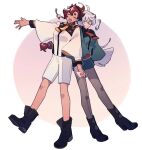  2girls :d absurdres ahoge ankle_boots asticassia_school_uniform black_footwear black_hairband boots border closed_mouth film_grain front-seamed_legwear gradient_background green_jacket green_shorts gundam gundam_suisei_no_majo hair_between_eyes hairband high_heel_boots high_heels highres holding_hands jacket keychain long_hair long_sleeves low-tied_long_hair miorine_rembran multiple_girls necktie open_mouth outline outside_border outstretched_arm pantyhose pin_(penco_co) pink_background purple_background red_necktie redhead school_uniform seamed_legwear short_shorts shorts shoulder_boards simple_background smile suletta_mercury tan teeth thick_eyebrows upper_teeth_only white_border white_hair white_jacket white_outline white_shorts wide_sleeves yellow_necktie 