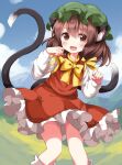  1girl :d animal_ear_fluff animal_ears blush boots bow bowtie brown_eyes brown_hair cat_ears chen clouds commentary_request day fang gold_trim hair_between_eyes hands_up happy hat highres knees_together_feet_apart long_sleeves looking_at_viewer mob_cap nekomata outdoors paw_pose red_skirt red_vest ruu_(tksymkw) skin_fang skirt skirt_set smile solo standing touhou vest yellow_bow yellow_bowtie 