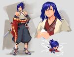  1boy bare_shoulders blue_hair closed_mouth eating fire_emblem fire_emblem_engage full_body hair_ornament highres holding holding_sword holding_weapon japanese_clothes kagetsu_(fire_emblem) lamb_(contra_entry) looking_to_the_side medium_hair solo standing sword weapon yellow_eyes 
