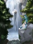  1girl absurdres backpack bag blue_footwear blue_shirt blue_skirt boots flat_cap green_bag green_headwear hair_bobbles hair_ornament hat highres kawashiro_nitori key leaf long_sleeves medium_hair moss rock shinkopeishon shirt sitting skirt solo touhou tree water waterfall 