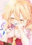  1girl ^_^ absurdres ascot blurry blush calpis118 close-up closed_eyes closed_mouth collar commentary_request crystal depth_of_field eating flandre_scarlet food food_on_face frilled_collar frills hair_between_eyes hand_on_own_cheek hand_on_own_face hand_up happy highres holding holding_spoon long_hair no_headwear red_vest sailor_collar shirt short_sleeves side_ponytail simple_background smile solo spoon touhou upper_body utensil_in_mouth very_long_hair vest wavy_mouth white_background white_sailor_collar white_shirt yellow_ascot 
