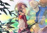  1other 2boys arrow_(projectile) bandana black_hair boots brown_eyes brown_footwear brown_hair character_request gensou_suikoden gensou_suikoden_i gloves grass gremio_(suikoden) ichiko_milk_tei male_focus multiple_boys short_hair tir_mcdohl tree 