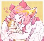  1girl animal animal_ears artist_name blush border cat closed_eyes fangs feathered_wings furry furry_female halftone halftone_background heart highres holding holding_animal horns hua_hua_de_meme long_hair open_mouth original outside_border pink_hair sample_watermark smile upper_body white_border white_fur wings yellow_background 