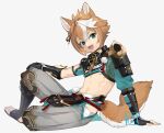  1boy animal_ears armor bandages blue_eyes brown_hair choco_c14 dog_boy dog_ears dog_tail fang genshin_impact gorou_(genshin_impact) grey_background hair_ornament japanese_armor japanese_clothes looking_at_viewer male_focus multicolored_hair open_mouth paw_print simple_background sitting solo tail tassel white_hair 