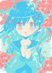  1girl :o blue_cardigan blue_eyes blue_hair blue_theme blush blush_stickers cardigan cherry_blossoms collarbone commentary_request crossed_bangs dot_nose falling_petals flower hair_between_eyes highres limited_palette long_sleeves looking_at_viewer medium_hair mochigome_(ununquadium) open_mouth original own_hands_together petals red_flower sailor_collar school_uniform solo straight-on swept_bangs upper_body white_flower 