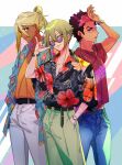  3boys akikoke arm_up averting_eyes belt belt_buckle black_belt blonde_hair blue_eyes blue_pants brown_hair buckle closed_mouth commentary_request denim earphones earrings elan_ceres floral_print folded_ponytail green_eyes green_pants guel_jeturk gundam gundam_suisei_no_majo hair_between_eyes hands_in_pockets hawaiian_shirt head_tilt highres jeans jewelry looking_at_viewer male_focus mole mole_under_eye multicolored_background multicolored_hair multiple_boys multiple_girls necklace orange_shirt pants pink_hair purple-tinted_eyewear red_shirt ring round_eyewear shaddiq_zenelli shading_eyes shaka_sign shirt shirt_tucked_in shirt_under_shirt short_hair short_sleeves sideways_glance smile sunglasses tinted_eyewear two-tone_hair watch watch white_pants yellow-framed_eyewear 