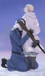  axis_powers_hetalia belt_buckle blonde_hair boots buckle comforting crying finland_(hetalia) fur-trimmed_boots fur_trim gun hat hug kneeling long_coat looking_up male_focus military_uniform outdoors rifle short_hair sky snow sweden_(hetalia) tori_(driftwood) uniform weapon 