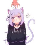  1girl absurdres animal_ear_fluff animal_ears bandaid bandaid_on_cheek bandaid_on_face black_choker black_hoodie cat_ears cat_girl cat_tail choker fang highres hood hood_down hoodie incoming_headpat indie_utaite indie_virtual_youtuber long_hair long_sleeves mikeneko_(utaite) milk_tea_1993 pov pov_hands purple_hair skin_fang sleeves_past_fingers sleeves_past_wrists tail utaite_(singer) violet_eyes virtual_youtuber 