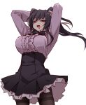  1girl arms_behind_head arms_up black_dress black_hair breasts buttons center_frills cowboy_shot double-breasted dress frilled_shirt frills highres ikune_juugo large_breasts layered_skirt long_hair long_sleeves looking_at_viewer open_mouth original pantyhose purple_shirt shirt sidelocks simple_background skirt smile solo thighband_pantyhose twintails violet_eyes white_background 