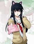  1girl animal_ears bag black_hair blue_eyes carrying_over_shoulder cat_ears coupon fake_animal_ears headband holding holding_bag jacket koe_no_katachi long_hair long_sleeves looking_at_viewer momo_usagi neckerchief open_mouth outdoors outstretched_arm red_neckerchief school school_uniform serafuku shirt solo tree ueno_naoka white_serafuku white_shirt yellow_jacket 