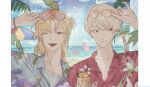  2boys beach bird blonde_hair blue_sky border brown_eyes cocktail_glass cup drinking_glass eyewear_on_head flamingo grey_shirt half_updo hawaiian_shirt highres hikage_toma holding holding_cup looking_at_viewer looking_to_the_side male_focus multicolored_hair multiple_boys mungdmjgg ocean orange_hair palm_tree paradox_live red_shirt shirt short_ponytail sky sunglasses tree white_border white_shirt yeon_hajun 