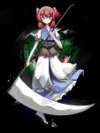  2girls absurdres black_background blue_dress closed_mouth coin dress full_body green_hair highres holding holding_scythe looking_at_viewer multiple_girls obi onozuka_komachi red_eyes redhead sash scythe shiki_eiki simple_background solo_focus spam_(spamham4506) touhou two_side_up 