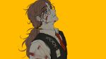  1boy absurdres blood brown_hair clock_head facial_hair glasses gregor_(limbus_company) highres limbus_company male_focus necktie ponytail project_moon shirt solo stubble vest white_shirt yellow_background yellow_eyes 