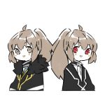  2girls ahoge black_jacket blue_necktie brown_eyes colored_skin commentary_request dual_persona e.g.o_(project_moon) employee_(lobotomy_corporation) fur-trimmed_jacket fur_trim harvest_fes jacket librarian_(library_of_ruina) library_of_ruina light_brown_hair lobotomy_corporation multiple_girls necktie no_nose open_mouth ponytail project_moon red_eyes shirt simple_background smile white_background white_necktie white_shirt white_skin 