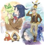  1girl 2boys amethio_(pokemon) animal belt black_footwear black_hair black_shirt blue_eyes blue_hair blush boots bow bowtie brown_belt brown_jacket brown_skirt cat ceruledge closed_mouth collared_shirt cross-laced_footwear dark_blue_hair ears_visible_through_hair eyes_visible_through_hair friede_(pokemon) frown fuecoco goggles goggles_on_head grey_hair grin hair_ornament hairclip hani_(udauda) holding holding_animal holding_cat holding_pokemon indigo_academy_uniform jacket kneehighs lace-up_boots liko_(pokemon) long_sleeves medium_hair multicolored_hair multiple_boys on_head one_eye_closed open_clothes open_jacket pants pikachu pink_bow pink_bowtie pokemon pokemon_(anime) pokemon_(creature) pokemon_horizons pokemon_on_head school_uniform shirt skirt smile snorunt socks split-color_hair sprigatito star_(symbol) v-neck violet_eyes white_shirt white_socks yellow_eyes 