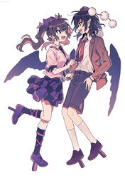  2girls bird_wings black_hair black_necktie black_shorts black_skirt black_socks black_wings brown_eyes brown_footwear brown_hair brown_jacket checkered_clothes checkered_skirt collared_shirt feathered_wings hair_between_eyes hat highres himekaidou_hatate jacket long_hair multiple_girls necktie open_clothes open_jacket open_mouth pink_shirt pointy_ears pom_pom_(clothes) purple_footwear purple_headwear purple_skirt re_ghotion red_eyes red_headwear red_necktie shameimaru_aya shirt shoes short_hair short_sleeves shorts simple_background skirt smile socks tokin_hat touhou twintails white_background white_shirt white_socks wings 