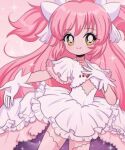  1990s_(style) 1girl blush chelly_(chellyko) choker collarbone dress flat_chest gloves goddess_madoka hair_ribbon hand_on_own_chest kaname_madoka long_hair looking_at_viewer mahou_shoujo_madoka_magica pink_background pink_hair pink_thighhighs retro_artstyle ribbon short_sleeves smile solo sparkle standing thigh-highs twintails white_dress white_gloves yellow_eyes 