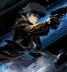  1boy black_background blue_background brown_jacket closed_mouth cofffee cowboy_bebop gun jacket pointing_gun red_eyes solo spike_spiegel spiky_hair weapon 