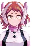  1girl boku_no_hero_academia breasts brown_eyes brown_hair commentary_request english_text expressionless headgear highres large_breasts looking_at_viewer medium_hair solo tooshiro10 upper_body uraraka_ochako 