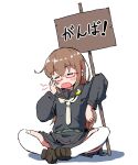  1girl black_sailor_collar black_serafuku blush brown_footwear brown_hair closed_eyes full_body glasses highres kantai_collection kisei_mt long_hair long_sleeves neckerchief open_mouth red-framed_eyewear sailor_collar school_uniform serafuku sign simple_background sitting solo tears thigh-highs white_background white_thighhighs yawning 