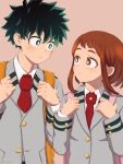  1boy 1girl backpack bag boku_no_hero_academia brown_eyes brown_hair commentary_request green_eyes green_hair grey_jacket highres jacket medium_hair midoriya_izuku necktie red_necktie scar scar_on_hand school_uniform sidelocks tooshiro10 u.a._school_uniform uraraka_ochako 