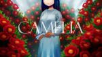  1girl black_hair bush camellia closed_mouth dress english_text flower frown gun handgun head_out_of_frame hoae holding holding_gun holding_weapon long_dress long_hair long_sleeves mili_(band) outdoors puffy_sleeves red_flower solo weapon white_dress 