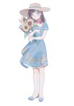  1girl absurdres blue_dress blue_eyes blue_footwear blush brown_hair brown_headwear closed_mouth collarbone commentary dress floral_print flower frilled_dress frills full_body hand_up hat hidari_(nanmu-left) highres holding holding_flower long_hair original shoes short_sleeves simple_background smile solo standing straight_hair straw_hat sunflower sunflower_print symbol-only_commentary tareme white_background yellow_flower 
