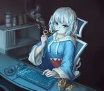  1girl blue_eyes blue_hair blue_hoodie chair dainillust drawstring gawr_gura hair_ornament highres holding holding_smoking_pipe hololive hololive_english hood hood_down hoodie indoors keyboard_(computer) long_sleeves looking_at_viewer mouse_(computer) multicolored_hair sitting smoke smoking smoking_pipe solo streaked_hair two_side_up virtual_youtuber white_hair 