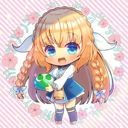  1girl :d black_socks blonde_hair blue_eyes blue_skirt blush braid breasts brown_footwear commentary_request diagonal_stripes floral_background high-waist_skirt holding isla_coleman kneehighs kou_hiyoyo large_breasts long_hair long_sleeves looking_at_viewer production_kawaii puffy_long_sleeves puffy_sleeves shirt shoes skirt smile socks solo standing striped striped_background twin_braids very_long_hair virtual_youtuber white_background white_shirt 