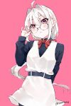 1girl absurdres ahoge glasses highres pink_background self-upload solo white_hair yuunaay 