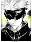  1boy blindfold covered_eyes gojou_satoru greyscale_with_colored_background jacket jujutsu_kaisen male_focus manao_(manao_ast) parted_lips short_hair smile solo twitter_username 